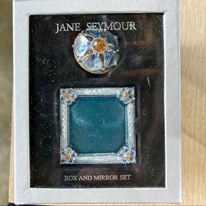 Jane Seymour Gift Set Trinket Pill Box Pocket Mirror Enamel Floral Turquoise